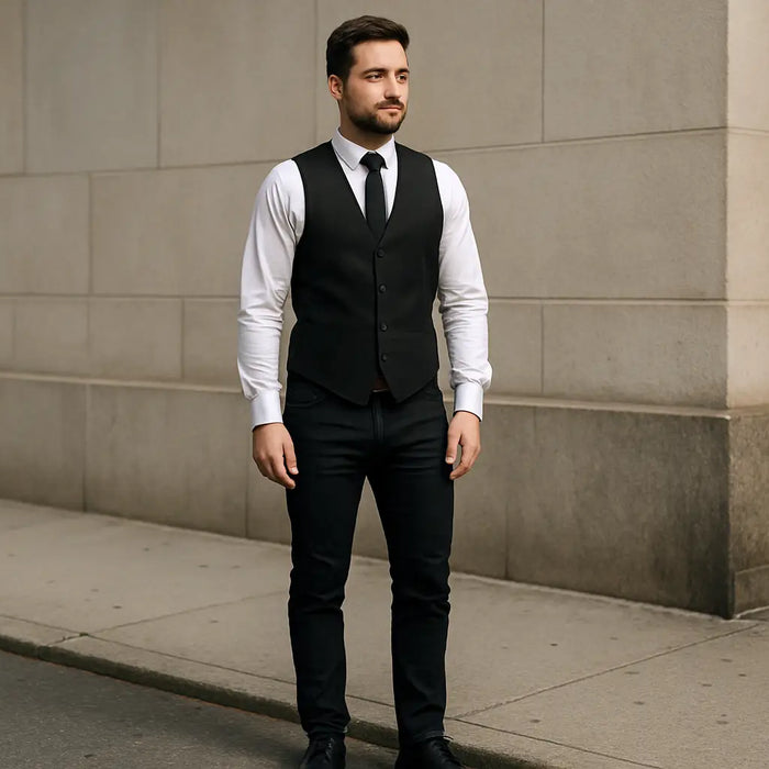 a man wears a black jean with vest for business .  Full body