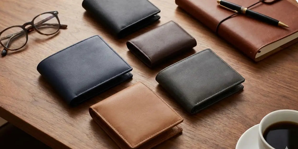 Collection of mens leather wallets in black, brown, navy, tan shades