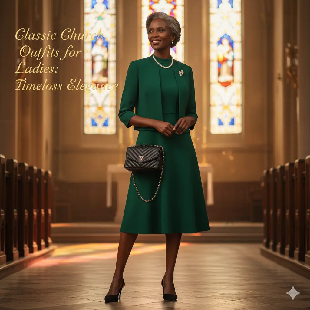 Green dress with black trim and buttons, high heels, chanel handbag.