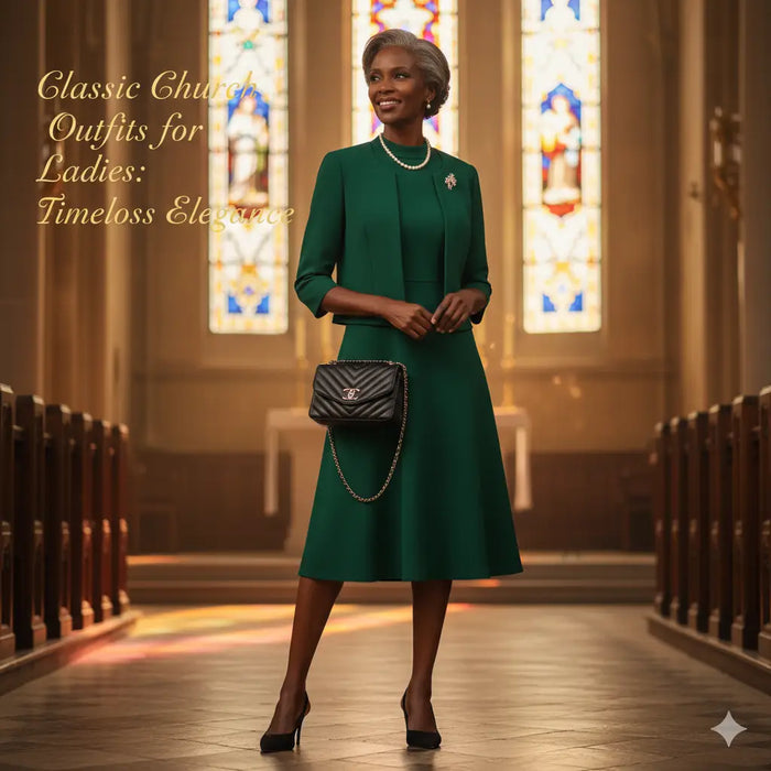 Green dress with black trim and buttons, high heels, chanel handbag.