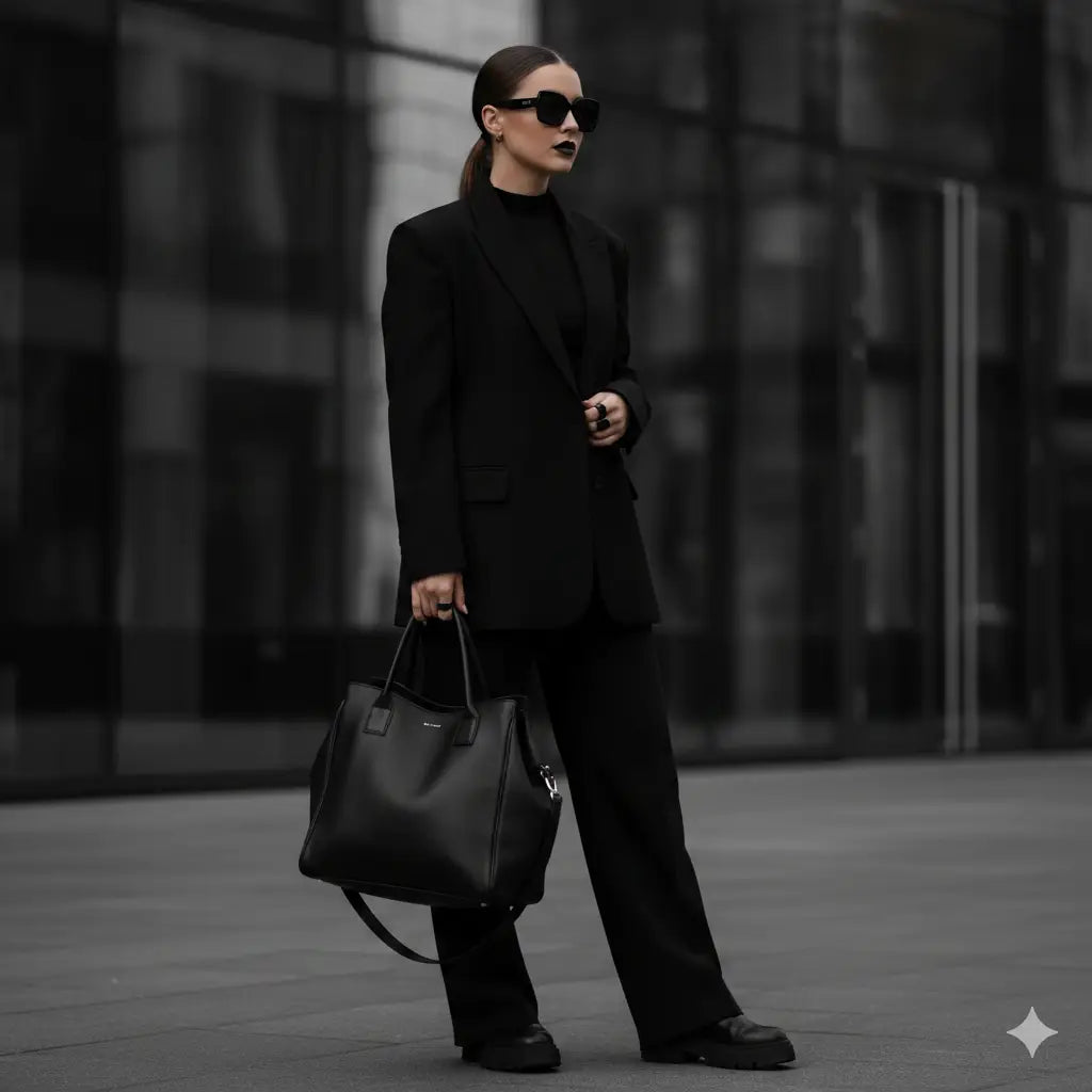 Black leather tote bag with gold hardware for monochrome outfits
