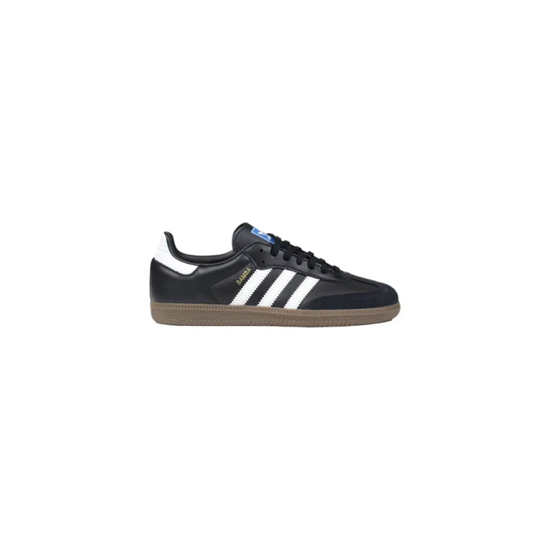 Adidas men sneakers black leather with white three stripes tan rubber sole and gold lettering spring summer shoes