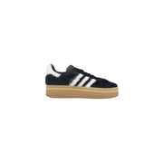Adidas Originals women black fuzzy leather campus sneaker with white stripes and tan rubber sole for fall winter