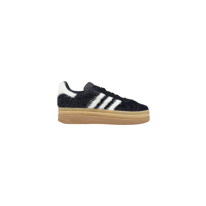 Adidas Originals women black fuzzy leather campus sneaker with white stripes and tan rubber sole for fall winter