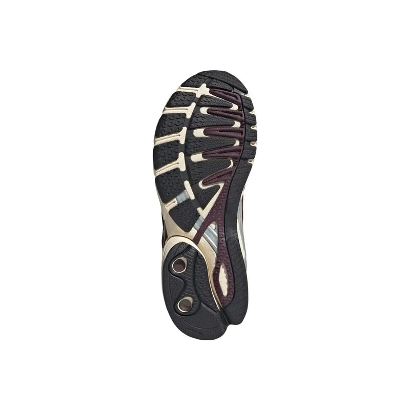 Adidas Originals Damen-Sneaker Bordeaux aus Synthetikmaterial mit schwarzer und beiger Gummisohle, wellenförmigem Profil und bordeauxroten Akzenten.