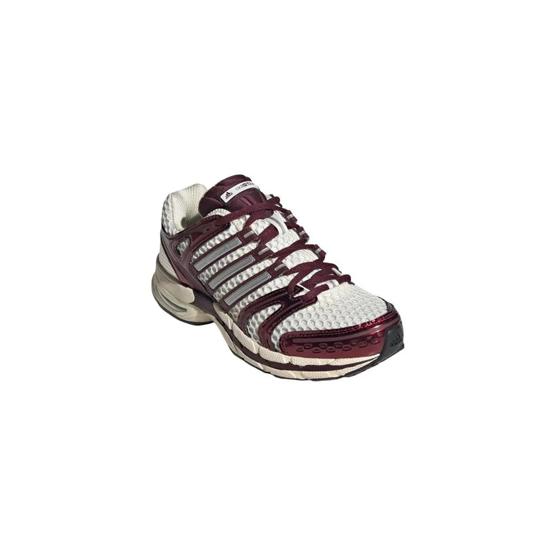Adidas Originals Damen-Sneaker in Bordeaux-Optik mit Obermaterial aus bordeauxrotem und weißem Mesh, metallisch-silbernen Streifen und strukturierter Außensohle