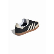 Adidas Originals Damen-Sneaker Samba aus Leder, schwarz, mit drei weißen Streifen, Gummisohle und beigefarbenen Fersenakzenten