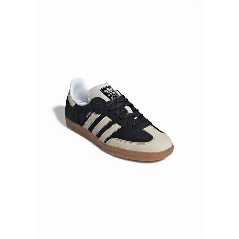 Adidas Originals Damen-Sneaker Samba aus Leder in Schwarz mit beigem Wildleder-Obermaterial, Gummisohle und drei Streifen