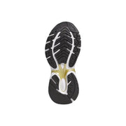 Schwarze und weiße adidas Originals Damen-Sneaker mit weißer Stoffsohle und Gummisohle sowie goldfarbenem Akzent an der Zwischensohle, von hinten gesehen.