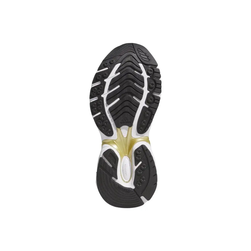 Schwarze und weiße adidas Originals Damen-Sneaker mit weißer Stoffsohle und Gummisohle sowie goldfarbenem Akzent an der Zwischensohle, von hinten gesehen.