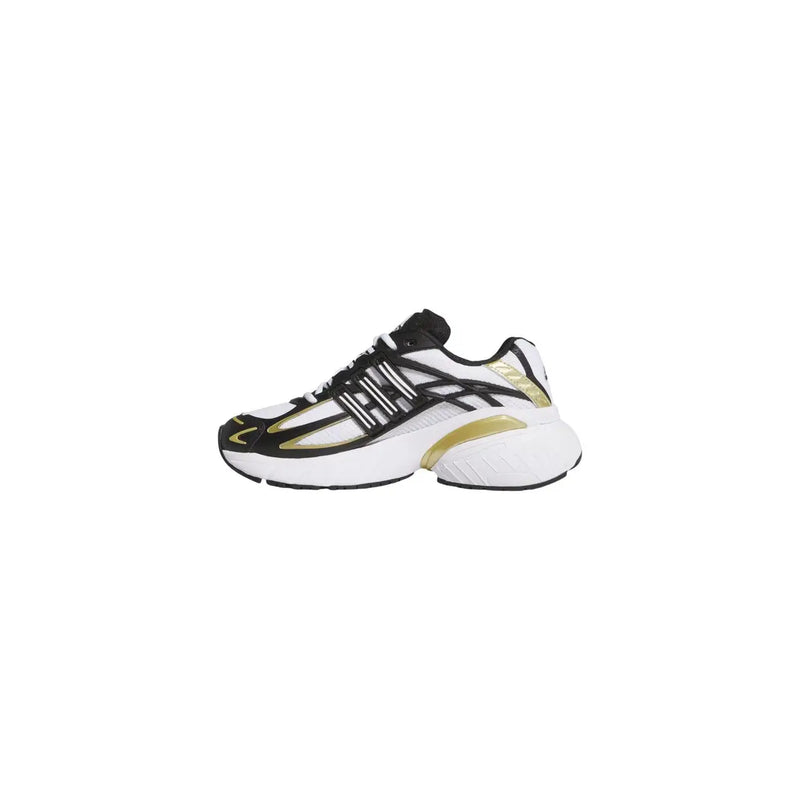 Adidas Originals Damen-Sneaker in Weiß mit Obermaterial aus Stoff, schwarzen und goldenen Akzenten und klobiger Gummisohle