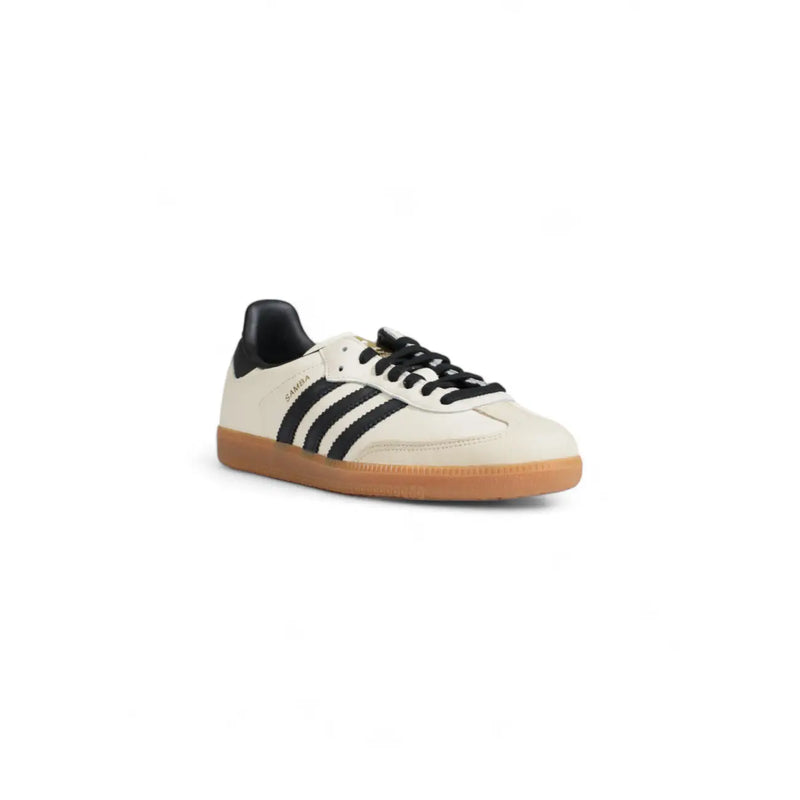 Cremefarbene adidas Samba Ledersneaker mit schwarzen Streifen, Schnürsenkeln, Fersenlasche und Gummisohle für Damen