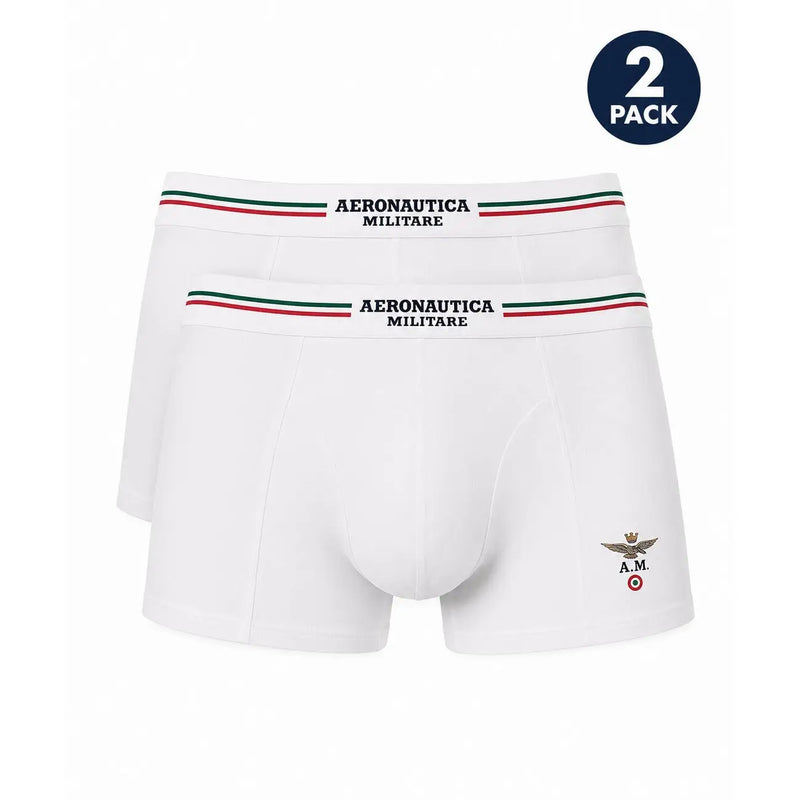 Weiße Aeronautica Militare Herren-Boxershorts aus Baumwolle mit grün-weiß-rotem Bund und Adlerlogo am Bein