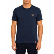 Marineblaues Aeronautica Militare Herren-Baumwoll-Kurzarmshirt t-shirt mit goldgesticktem Logo und dreifarbigem Saumstreifen