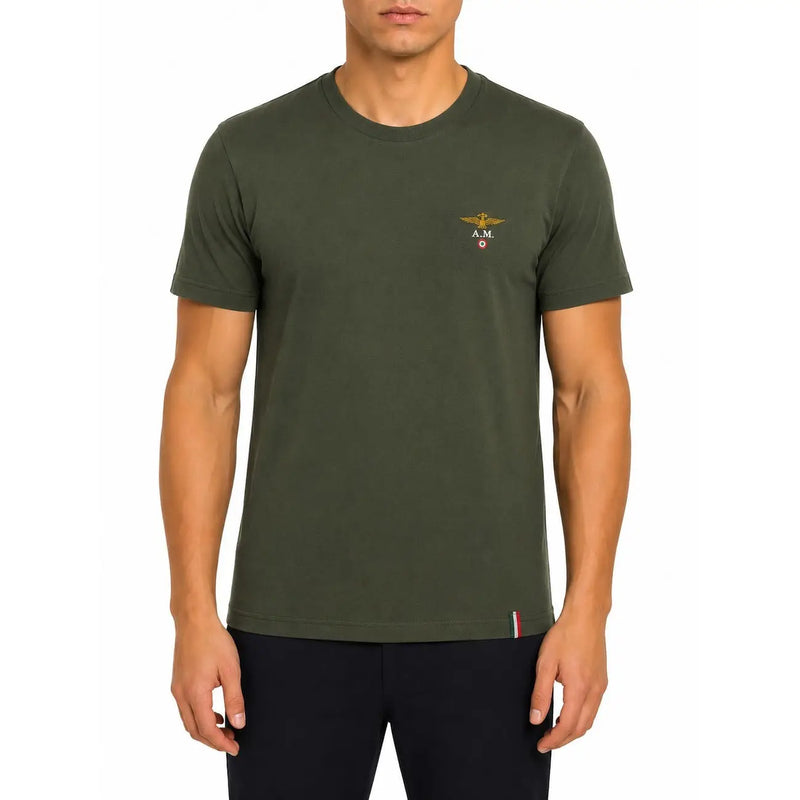 Olivgrünes Aeronautica Militare Herren-Baumwoll-Kurzarmshirt t-shirt mit goldgesticktem Logo und italienischer Flaggenborte am Saum