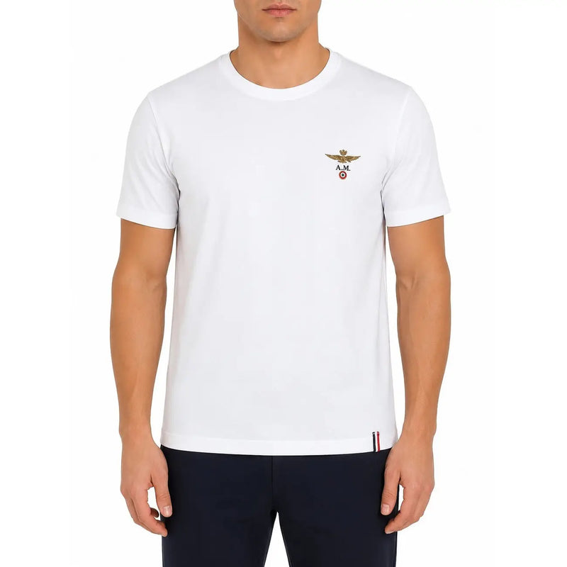 Aeronautica Militare Herren Baumwollhemd, weiß, kurzärmelig t-shirt mit gesticktem Logo und dreifarbigem Streifensaum