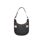 Schwarze Hobo-Schultertasche aus Leder von Alviero Martini Prima Classe für Damen mit hellbraunen Korkakzenten und goldfarbenem Klasse-Logo
