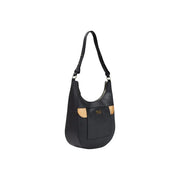 Schwarze Hobo-Schultertasche aus Leder von Alviero Martini Prima Classe für Damen mit hellbraunen Akzenten und goldfarbenem Logo-Emblem.