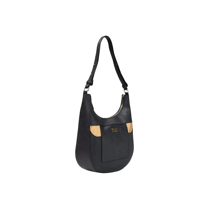 Schwarze Hobo-Schultertasche aus Leder von Alviero Martini Prima Classe für Damen mit hellbraunen Akzenten und goldfarbenem Logo-Emblem.