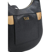 Schwarze Alviero Martini Prima Classe Damen-Schultertasche aus strukturiertem Leder mit goldfarbenem Mailand-Logo und hellbraunen Kartenmotiven