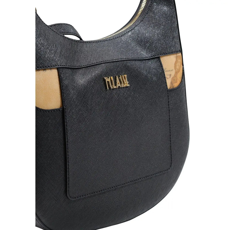 Schwarze Alviero Martini Prima Classe Damen-Schultertasche aus strukturiertem Leder mit goldfarbenem Mailand-Logo und hellbraunen Kartenmotiven