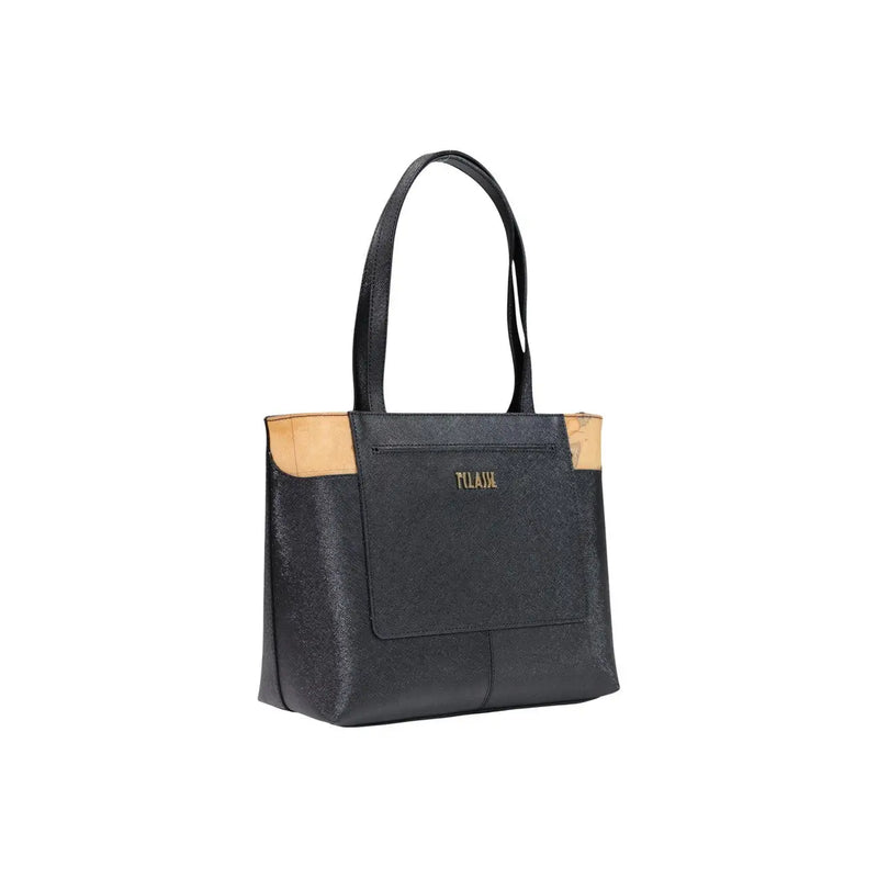 Alviero Martini Prima Classe Damenhandtasche, schwarze und hellbraune Ledertasche mit strukturierter Oberfläche und goldenem Milada-Logo