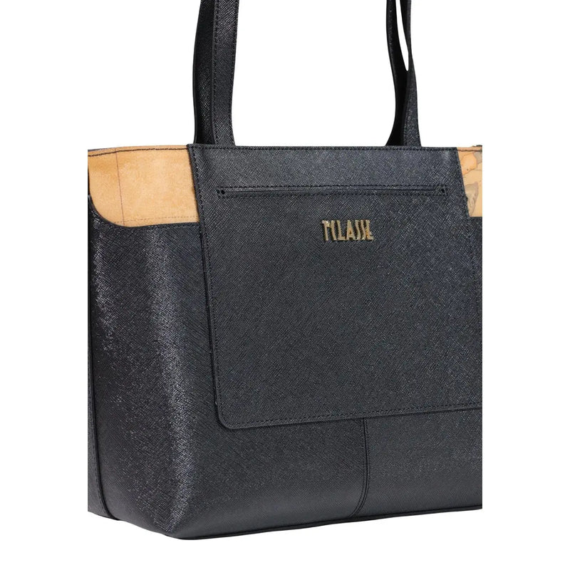 Alviero Martini Prima Classe Damenhandtasche, schwarze PVC-Tragetasche mit hellbraunen Lederakzenten und goldfarbenem Tilaxe-Logo