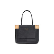 Alviero Martini Prima Classe Damenhandtasche, schwarze, strukturierte PVC-Tasche mit hellbraunen Lederakzenten und goldfarbenem Plaisie-Logo
