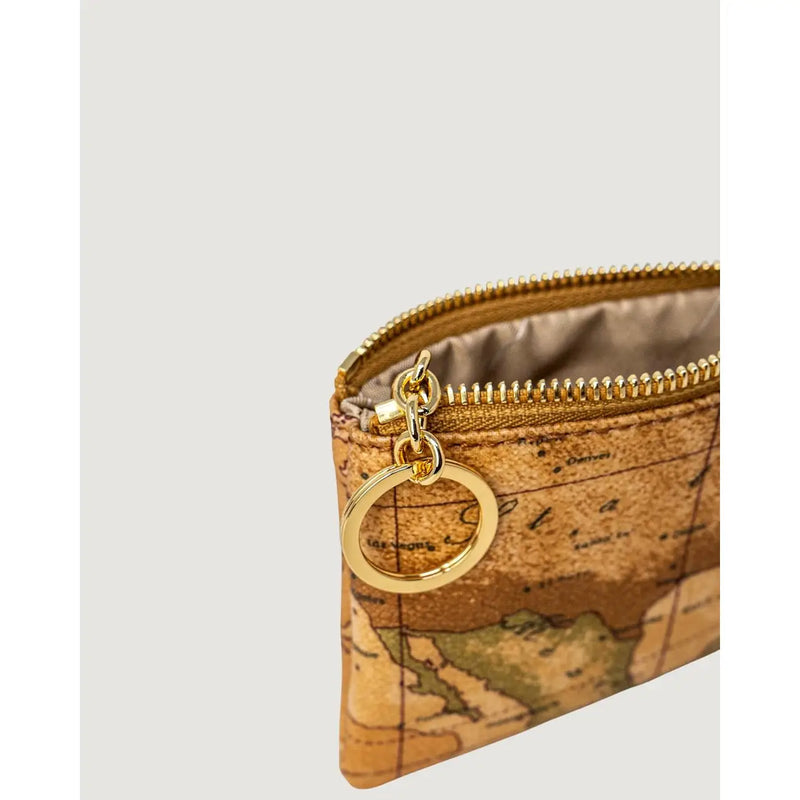 Kleine, beigefarbene Damen-Ledertasche von Alviero Martini Prima Classe mit kompaktem Etui im Vintage-Kartenmuster und goldfarbenem Reißverschluss.