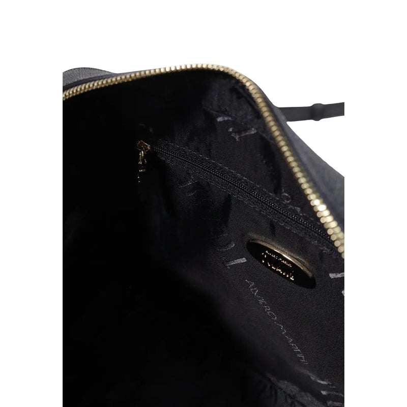 Alviero Martini Prima Classe Damen-Schultertasche aus schwarzem Nylon mit goldfarbenem Reißverschluss und kleiner ovaler Metallplakette innen