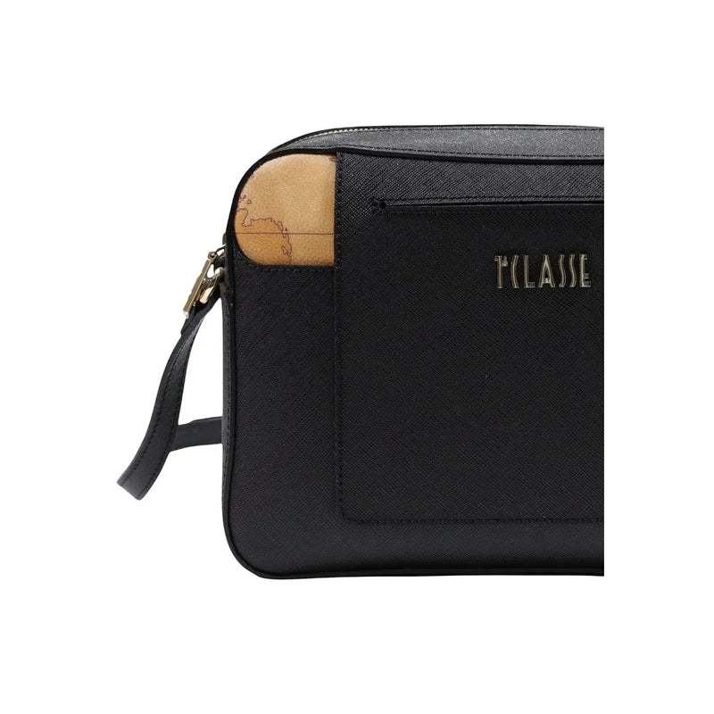 Alviero Martini Prima Classe Damen-Schultertasche, schwarzes genarbtes Leder mit hellbraunem Landkartenmuster und goldfarbenen Beschlägen, B 27 cm