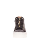 Schwarzer Alviero Martini Damen-Sneaker zum Hineinschlüpfen mit herzförmigen, metallischen Schnürösen und weißer Gummisohle