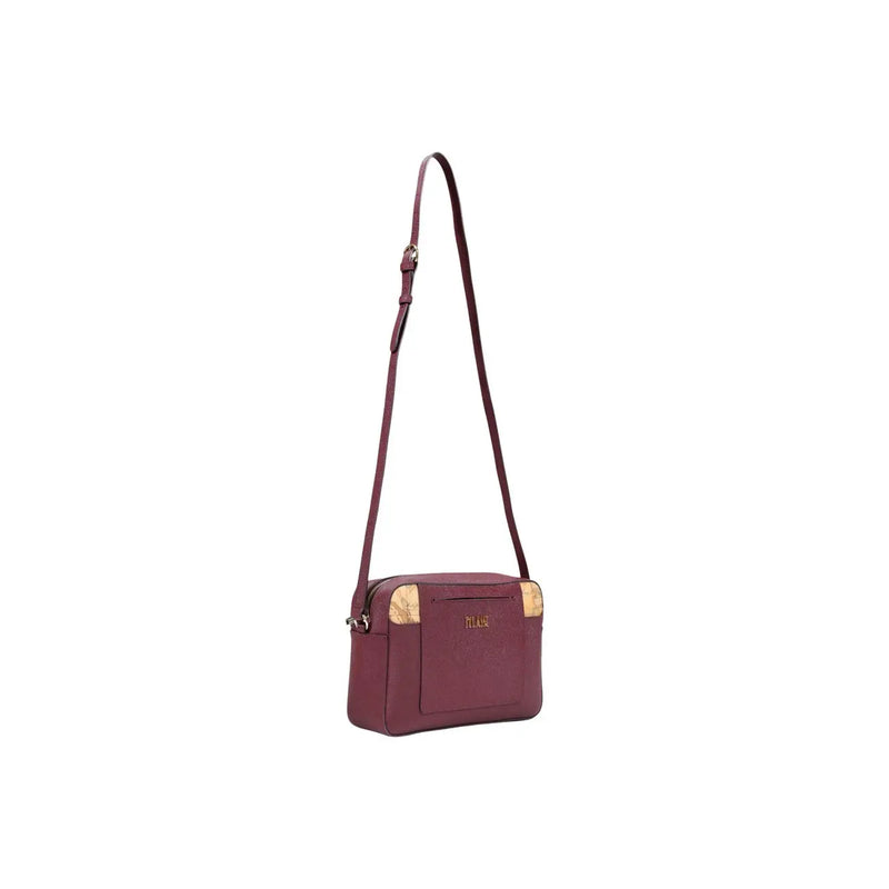 Alviero Martini Damen-Schultertasche, bordeauxrot, 27 cm, burgunderfarbenes Leder, Crossbody-Tasche mit goldfarbenen Beschlägen und Korkakzenten