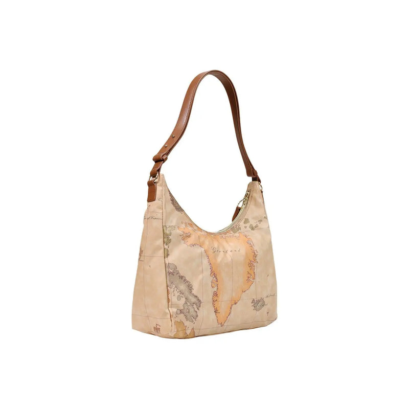 Beige Schultertasche mit Landkartenmuster und braunem Lederriemen von Alviero Martini für Damen, Modell W32