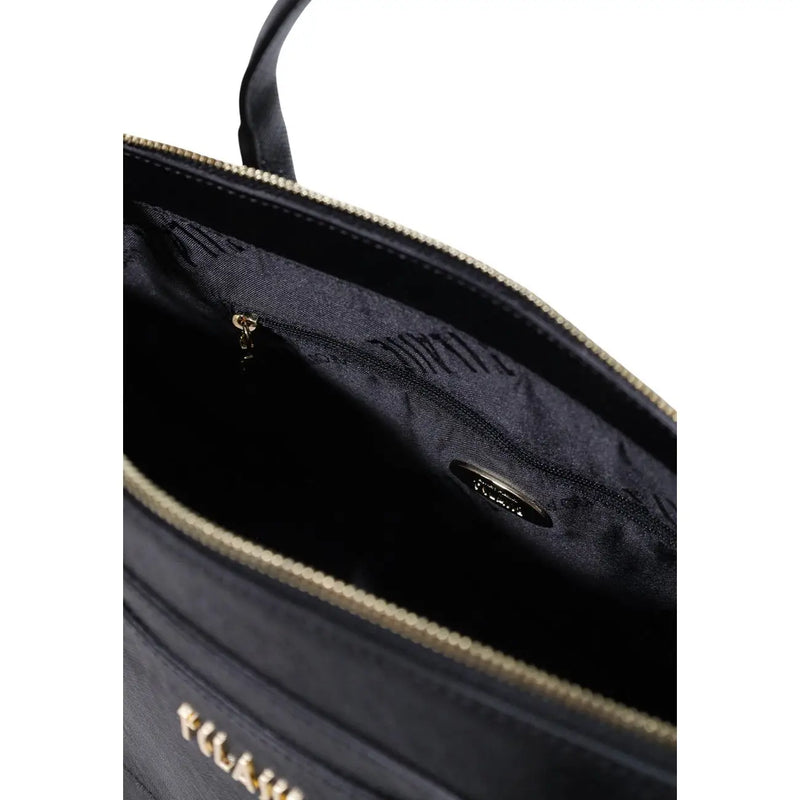 Schwarze PVC-Tragetasche von Alviero Martini für Damen mit goldfarbenem Reißverschluss und Markenlogo außen, 39 cm breit