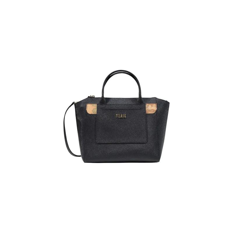 Alviero Martini Damenhandtasche, schwarz, strukturiertes PVC mit Korkakzenten und goldfarbenem Tclanie-Logo auf der Vorderseite