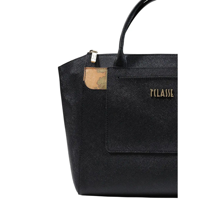 Schwarze PVC-Tragetasche von Alviero Martini für Damen mit goldfarbenem Classe-Logo und Vordertasche mit Kartenmuster.