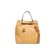 Alviero Martini Damen-Lederhandtasche, beige, 25 cm breit, mit hellbraunem Leder, Vintage-Weltkartenmuster, dunkelbraunen Henkeln und Kordelzugverschluss