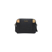 Schwarze Alviero Martini Damen-Schultertasche aus PVC mit strukturierter Oberfläche und seitlichen Akzenten aus Naturkork sowie goldfarbenem Plaise-Logo