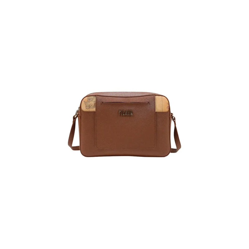 Alviero Martini Damen-Schultertasche aus braunem Polyurethan, Crossbody-Modell mit hellbraunen, kartenförmigen Akzenten und metallischem Logo-Emblem.