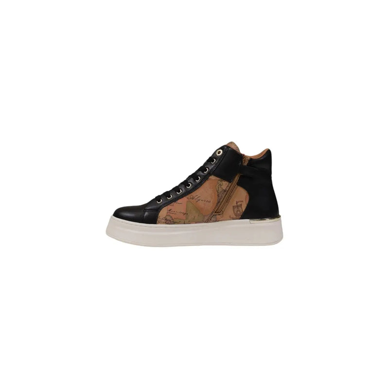 Schwarze Damen-Sneaker von Alviero Martini aus Polyurethan mit Vintage-Kartenmotiv, hellbraunen Lederakzenten und weißer Gummisohle.