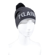 Alviero Martini Damen-Wollmütze, schwarz gemustert, dunkelgraue Strickmütze mit flauschigem schwarzem Bommel und 1-Classe-Stickerei