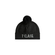 Schwarze Strickmütze aus Wolle von Alviero Martini für Damen mit passendem Bommel und silberner 1ère-classe-Stickerei am Schirm