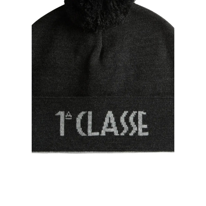 Schwarze Strickmütze aus Wolle von Alviero Martini mit flauschigem Bommel und weißer 1ère-Classe-Stickerei