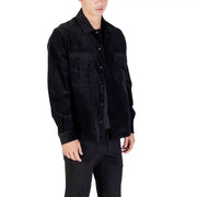 Antony morato men black cotton corduroy button-up shirt with collar and two front flap pockets