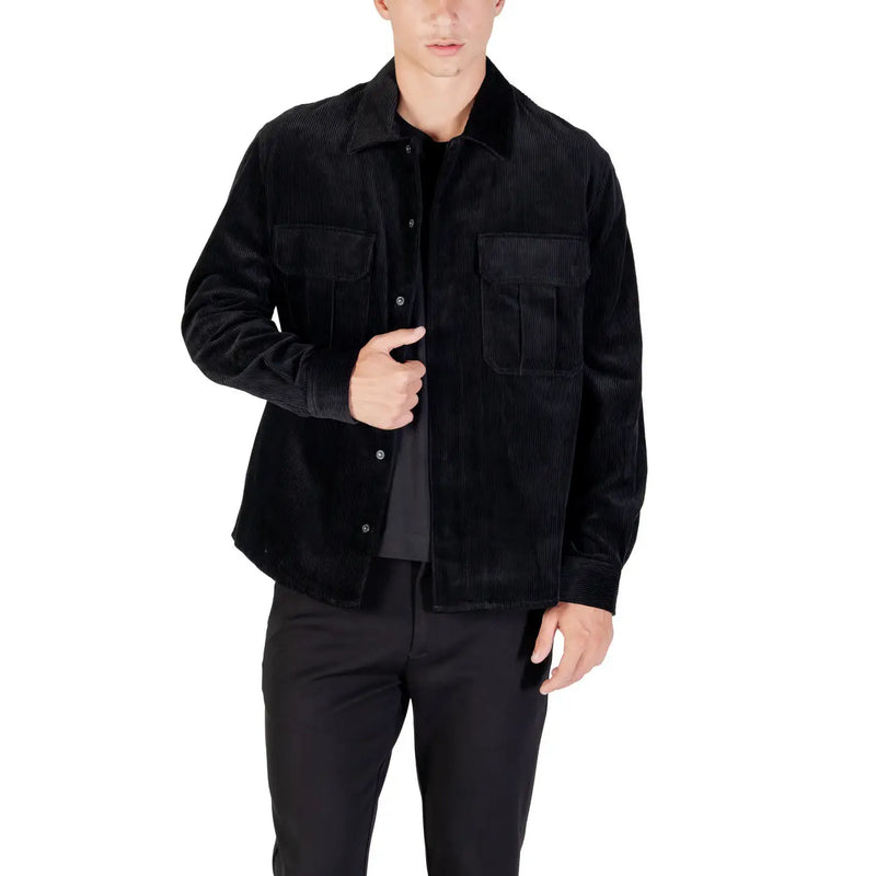 Antony Morato men black cotton blazer with round neck and classic fit shown as black corduroy button-up shirt