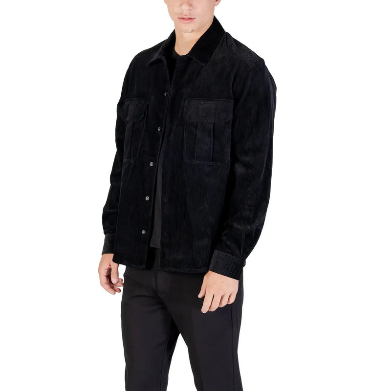 Antony Morato men black cotton corduroy blazer with round neck collar and two front pockets
