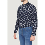 Antony Morato Herren-Mandarinhemd aus blauer Baumwolle mit marineblauen langen Ärmeln und weißem botanischem Druckmuster