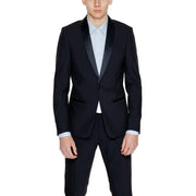 Antony Morato men blue lapel collar long blazer jacket with black satin lapel tuxedo jacket over light blue shirt