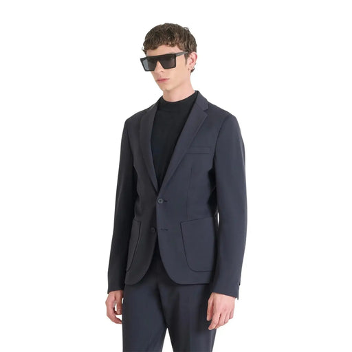 Antony Morato men blue slim fit polyamide blazer jacket with navy blue tailored single button closure and flap pockets